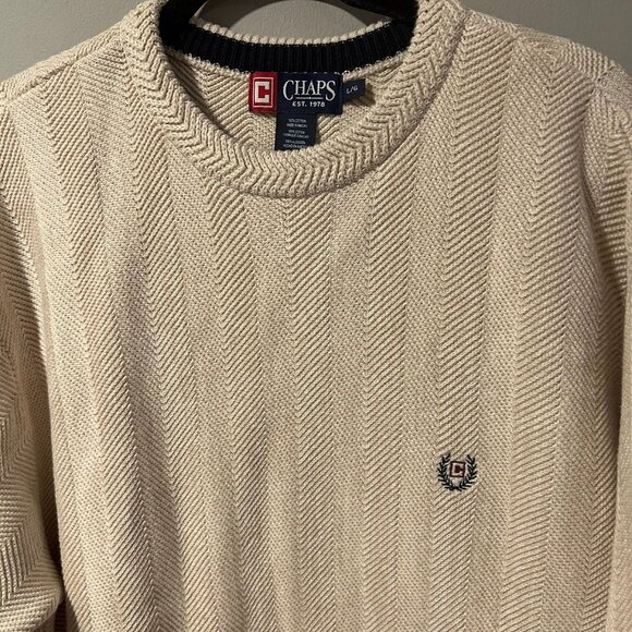 NWT Chaps Sweater Cream Mens Crewneck Large 100% Cotton NEW - Picture 3 of 9